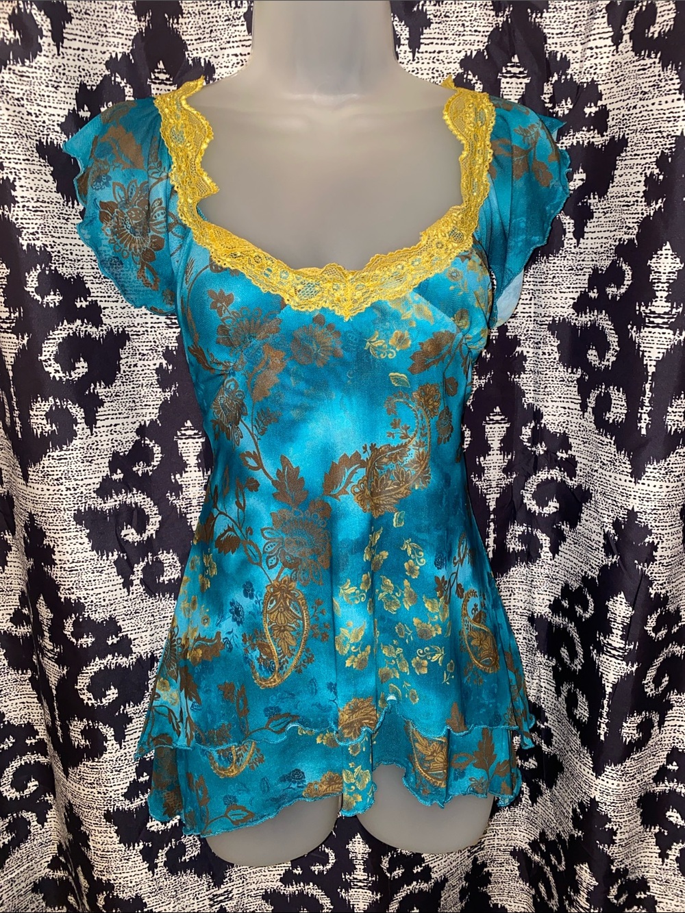 Teal Floral Satin Chemise with Yellow Lace Trim